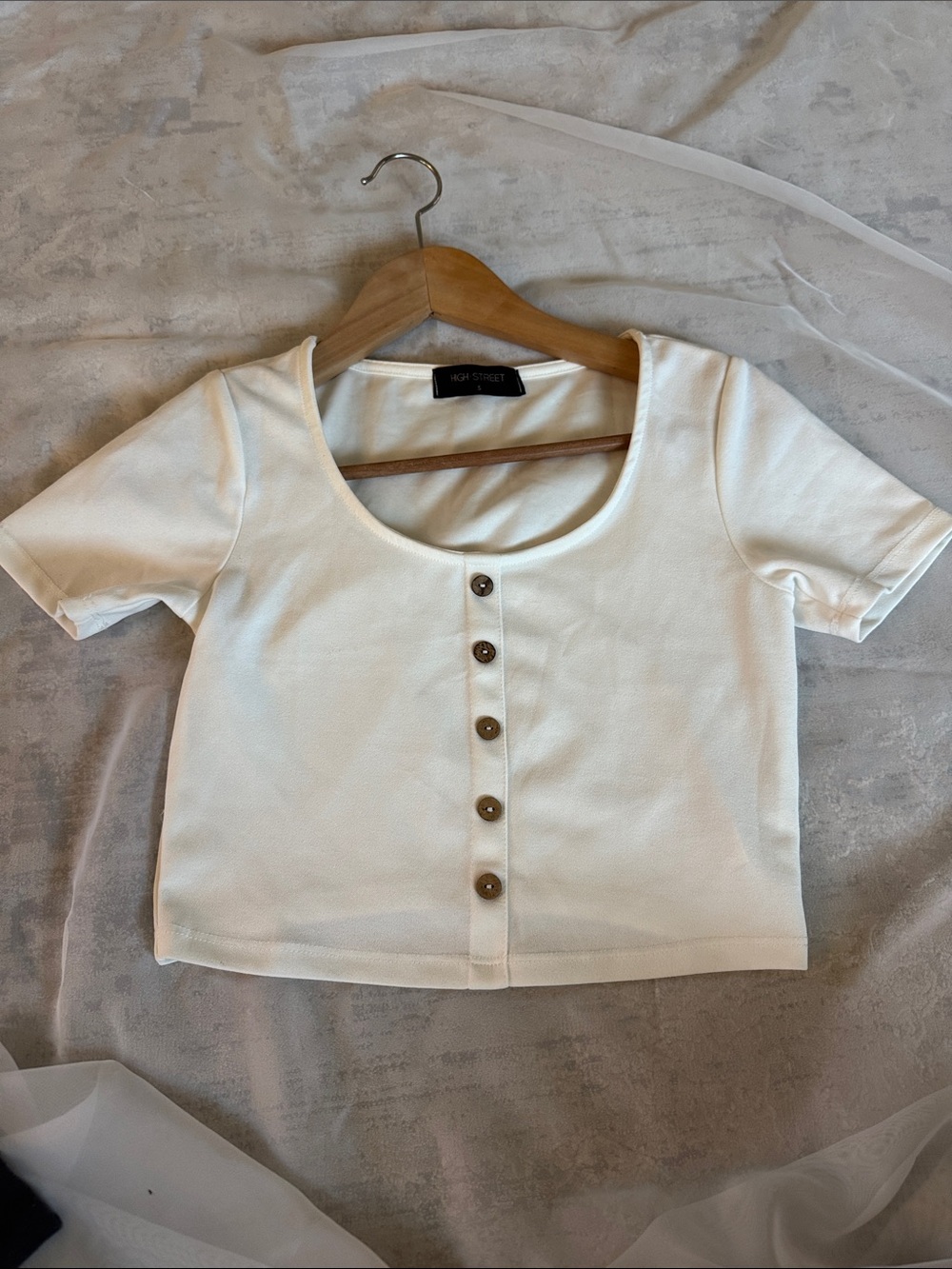 White Button-Front Scoop Neck Crop Top by